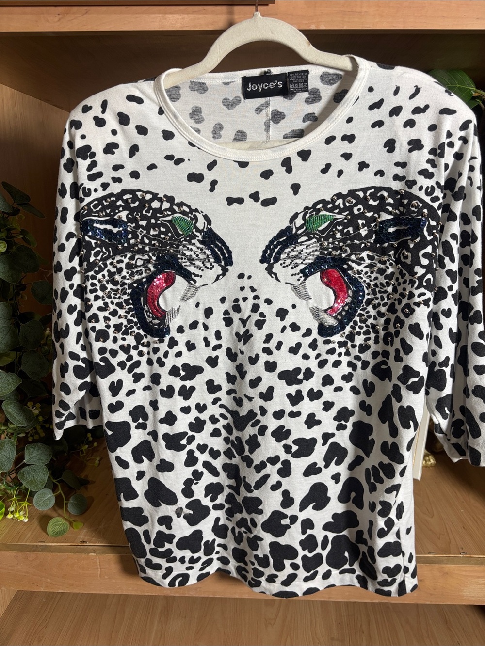 Joyce's Women's White & Black Leopard Print Embellished Tee